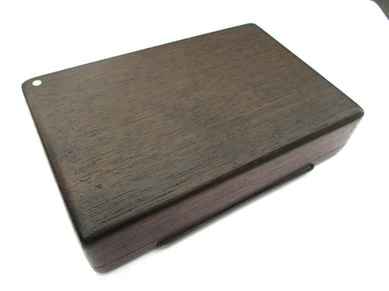 Image 1 of Danish Design Bog Oak Wood Mid-Century Cigarette Box, Signed and Hallmarked, with Sterling Silver Inlaid Floral Design