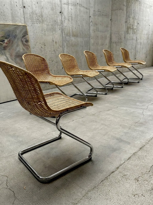 SET OF 6 RATTAN CHROME CANOPY CHAIRS IN THE GASTONE RINALDI STYLE, ITALY 1970s