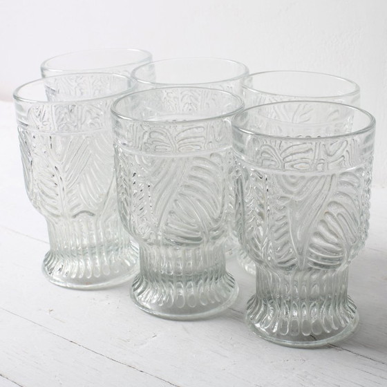 Image 1 of Set of 6 Mid-century Rare Pressed Glass Glasses / Libochovice / Czech Republic / 1981