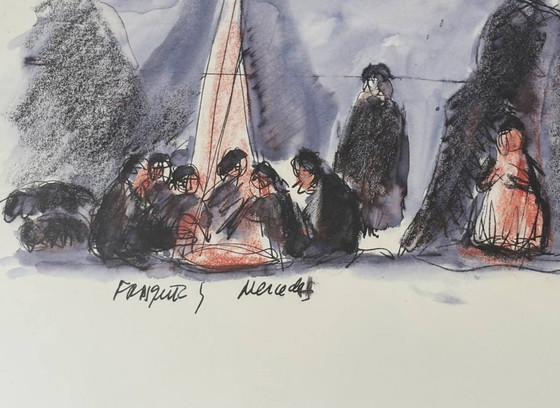 Image 1 of Framed original artwork with figurative scene and handwritten notes, 1980s