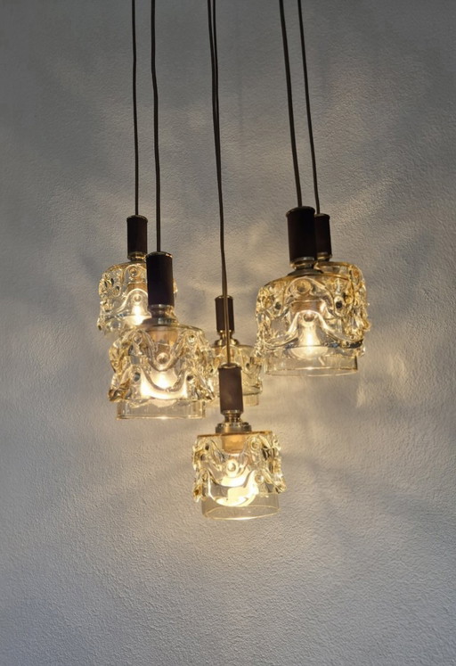 Vintage 1970s Oberglas Austria chandelier, hand-blown glass, 6-light