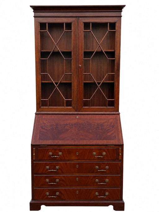 English mahogany secretary desk with glass-fronted display case – bureau, Wood