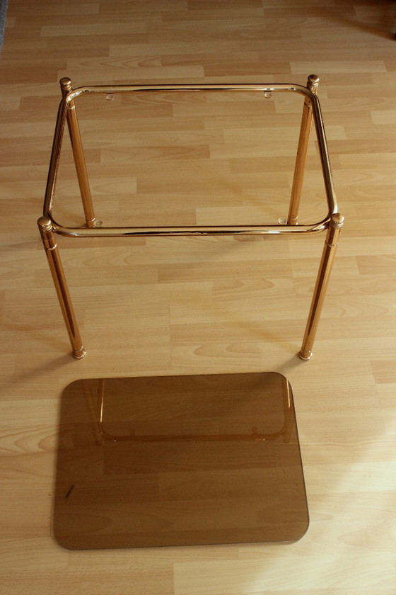 Tavolino Space Age in ottone con piano in vetro fumé, Tavolini, Metallo, Dorato, Vintage (foto 8 di 11)