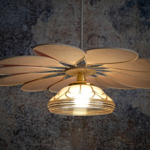 Fleur En Rotin Et Lin Rose Blush Pendant - Luminaires Artisanaux