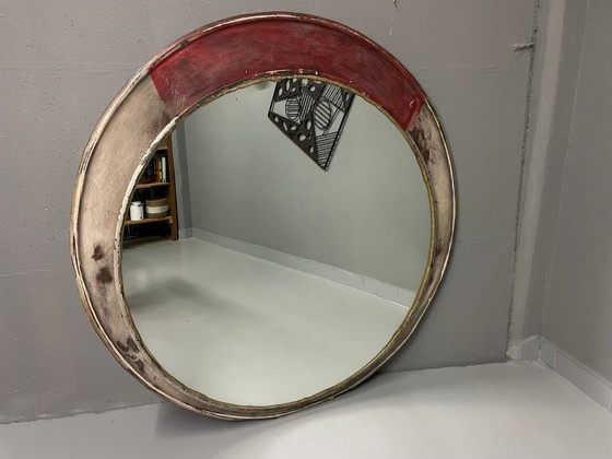 Image 1 of Vintage Round Mirror Distressed Painted Frame 1970s Europe