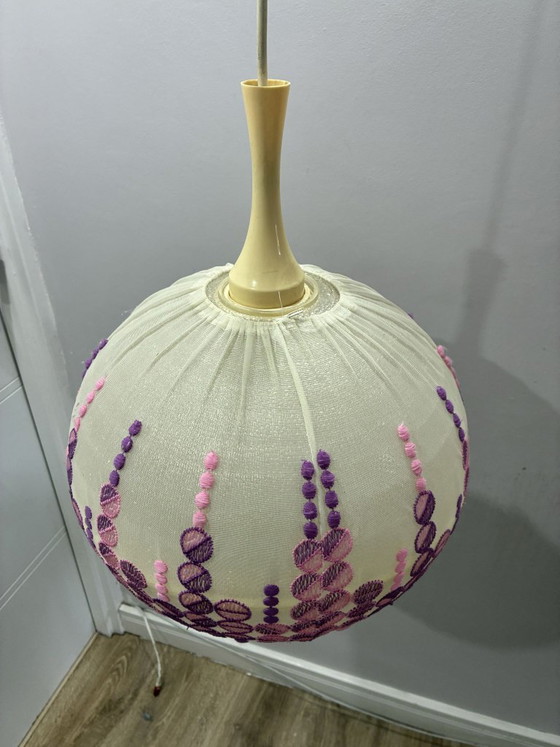 Høyrup Plast Danish pendant lamp, embroidered floral shade, 1960s, Textile, Plastic, Pink (photo 2 of 7)
