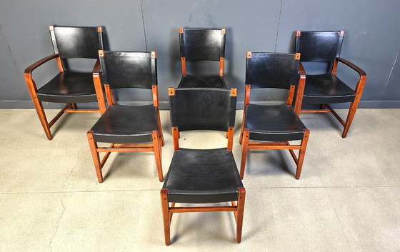 Image 1 of Vintage Spaanse eetkamerstoelen van leer en hout, set van 6 - jaren 70