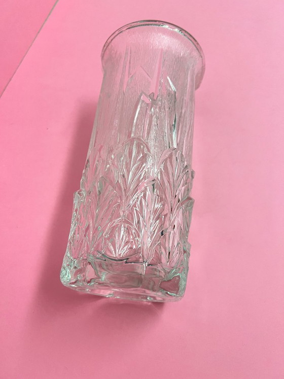 Image 1 of Italian vintage Videnza textured glass flower vase, 24cm, relief design, 70s retro leaves