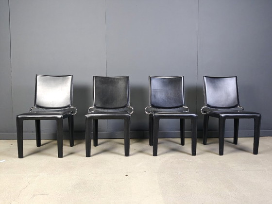 Image 1 of Zwart leren eetkamerstoelen van Arper italy, jaren 1980 - set van 4