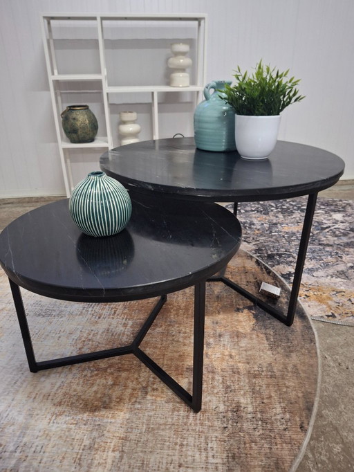 Ensemble de table basse chic avec plateau en marbre véritable et piètement en métal