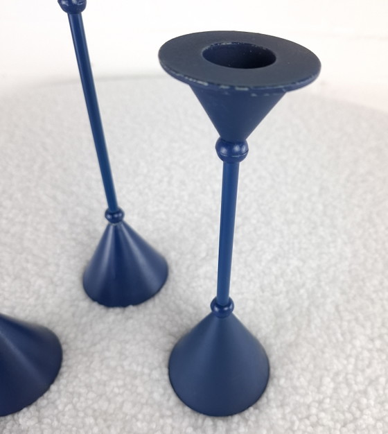 Image 1 of Set of 3 diabolo candlesticks Memphis Milano 1980s blue