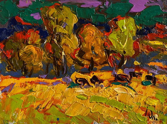 Image 1 of Original Oil Painting Evening Nature Landscape In the autumn forest