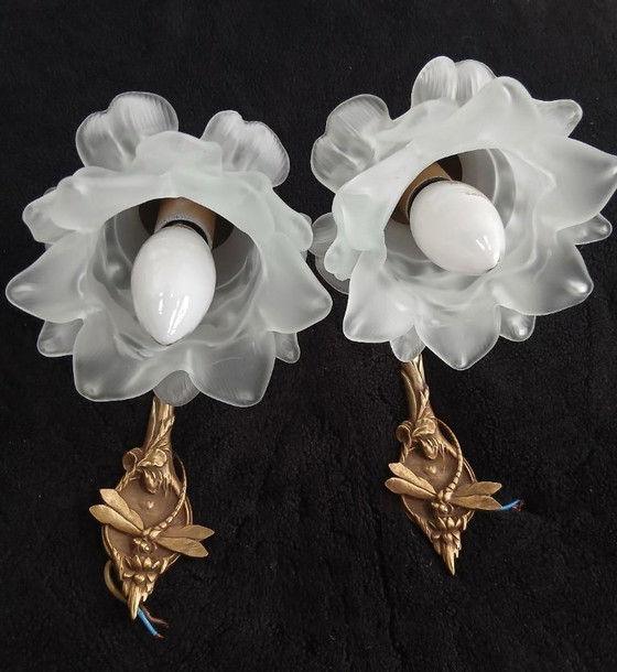 Image 1 of Art Nouveau verguld bronzen libellenwandkandelaars van Charles Ranc