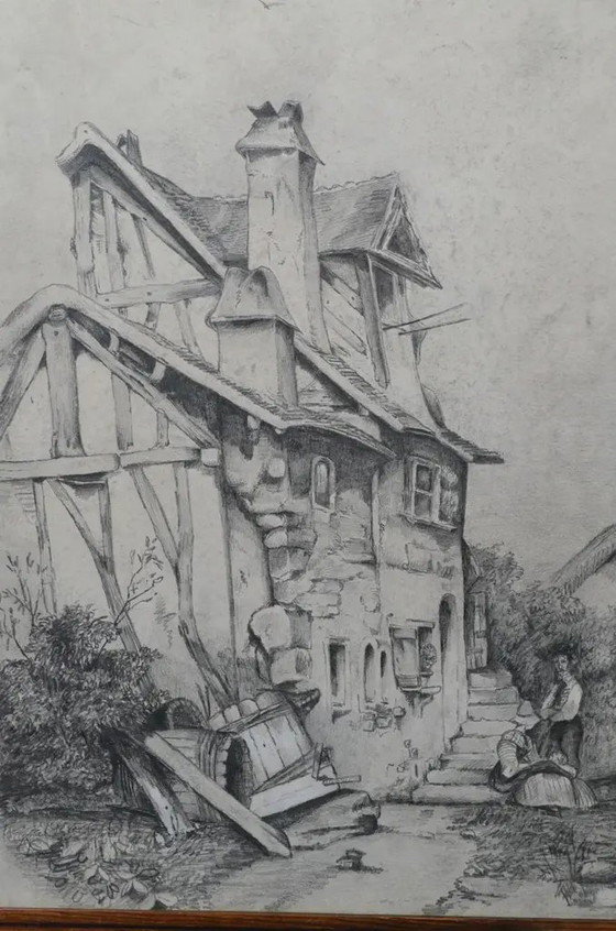 Disegno a carboncino attribuito a Jacques Moulinier (1753–1828) — Figure davanti a una casa a graticcio (photo 2 of 14)