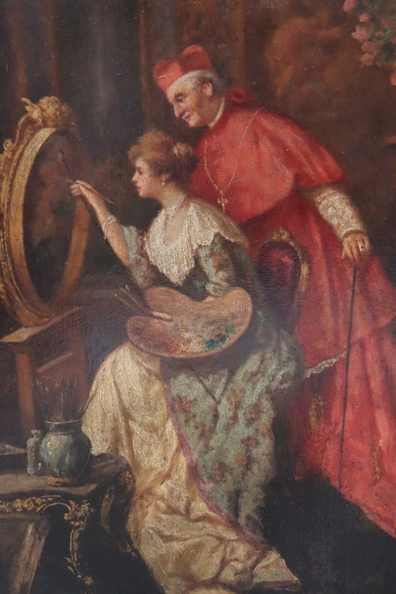Image 1 of Olieverfschilderij op karton, Jonge schilderes met kardinaal, Italië, 19e eeuw