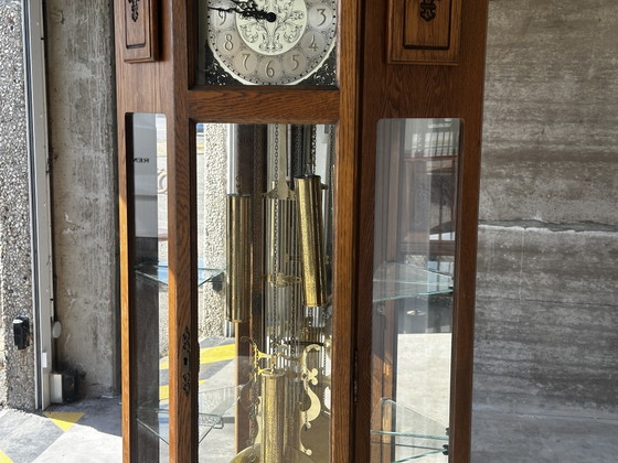 Grote eikenhouten staande klok met slagwerk en maanfase-indicator – Klokken, Wood, Brass (photo 7 of 15)