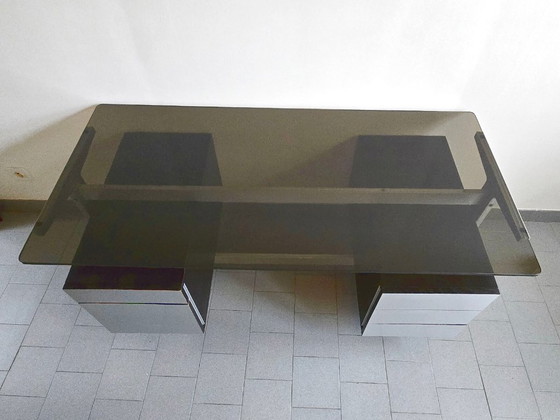 Image 1 of Vintage 1970s desk by Etienne Fermigier for JFR, stainless steel & aluminum, 70s space age