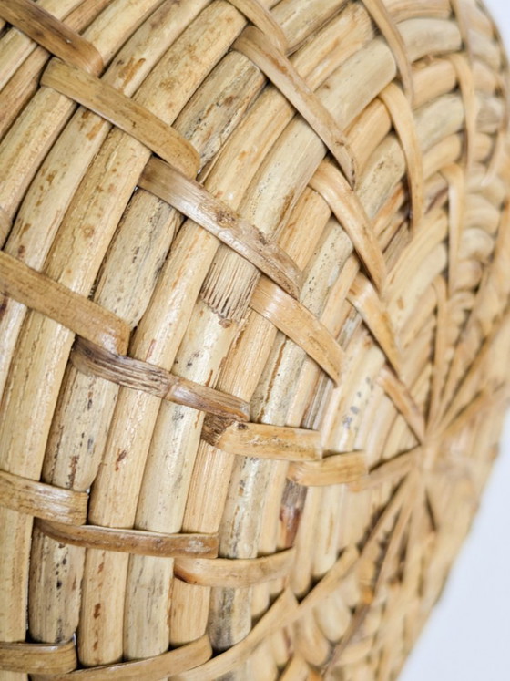 Image 1 of Vintage Rattan Brass Bowl Gabriella Crespi Style 1970s Handwoven Fruit Basket