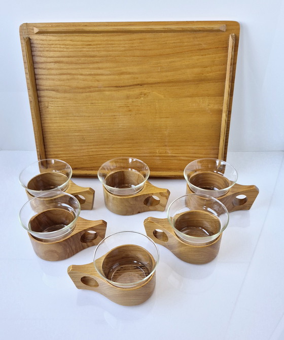 Image 1 of Vintage tea service, tea set, wooden cups + Jena glass Schott, 1960, with tray