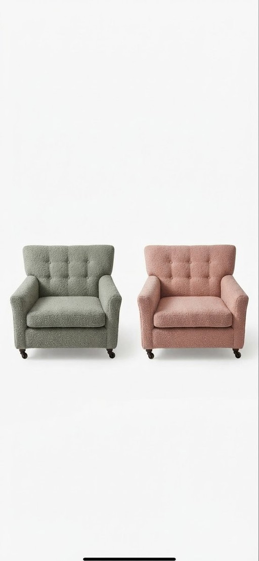 Fauteuils lounge hongrois Mid-Century en bouclé vert sauge et rose poudré avec roulettes, lot de 2