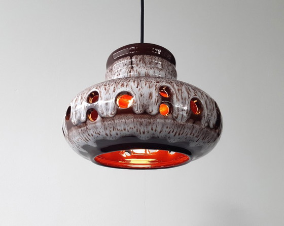 Image 1 of Keramieken aardewerken vintage hanglamp van Herda, west germany fat lava stijl, keramische retro hanglamp, bruin witte hanglamp