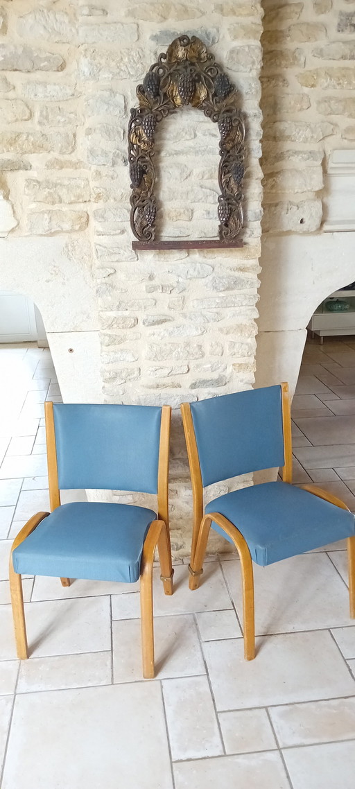 Ein Paar originaler Bow Wood Steiner Stühle aus den 1950er Jahren in Petrolblau – eetkamerstoelen, Skai