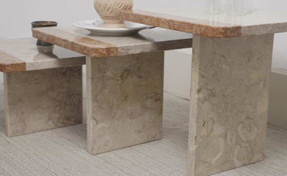 Image 1 of  Vintage Marble Nesting Tables Set of 3, Square Side Tables, Postmodern Solid Fossil Marble Stone Coffee Tables, Modern Accent F