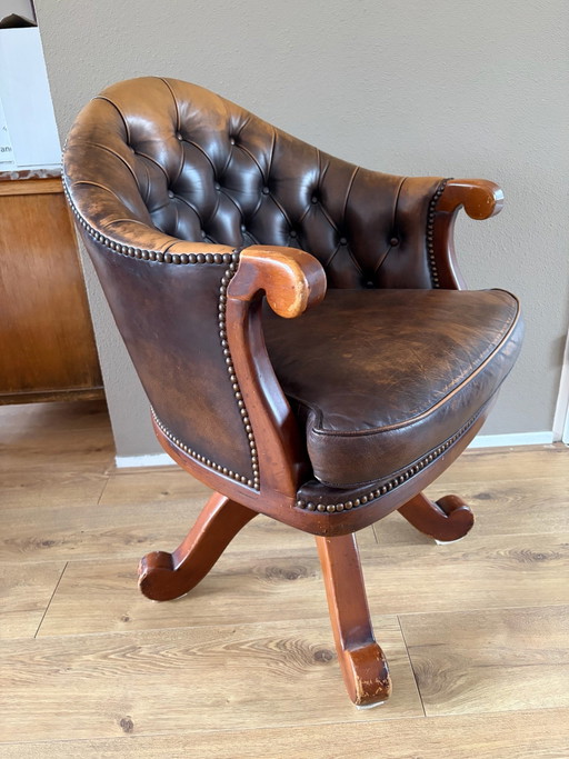 Vintage Antique Leather Chesterfield Swivel Office Chair
