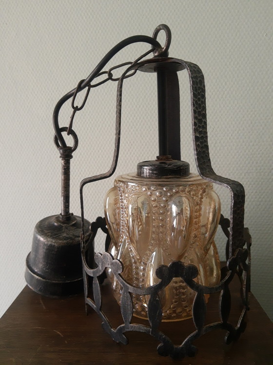 Image 1 of Amberkleurige Art-Deco Art-Nouveau Amsterdamse School pagode stijl hanglamp