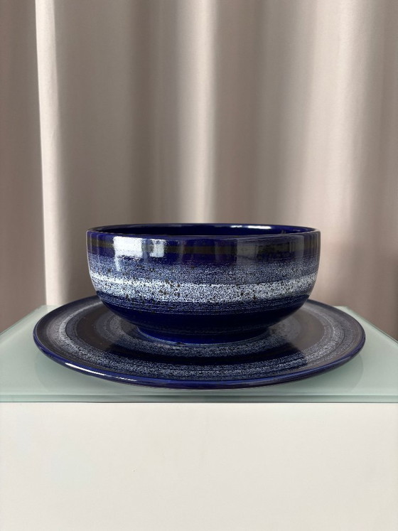 Set vintage di ciotola e piatto in ceramica blu cobalto di Waechtersbach, Germania Ovest. (photo 9 of 13)