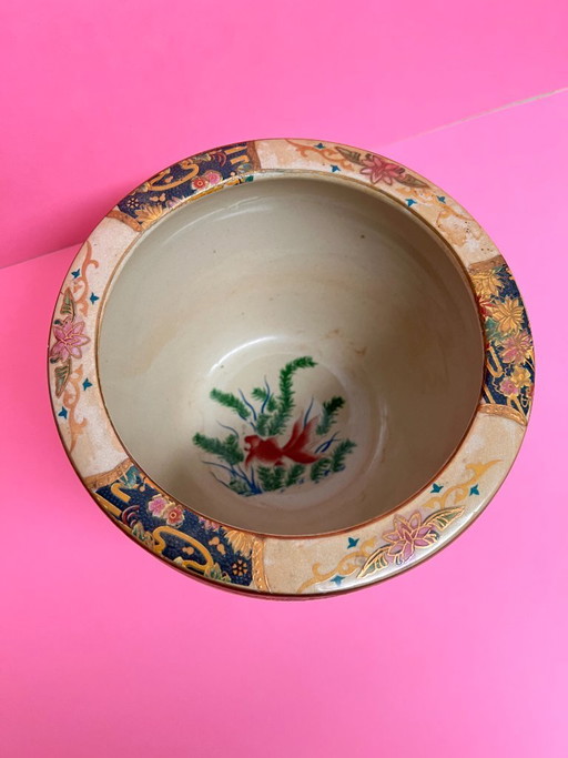 Vintage Satsuma Cachepot Flower Pot Planter with Peacock Motif – Hand-Painted Asian Ceramics