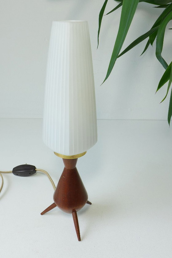 Vintage Tripod Tafellamp Deens Scandinavisch Teak Rocket Lamp jaren 60 70 – Tafellampen, Glass, Wood (photo 2 of 7)