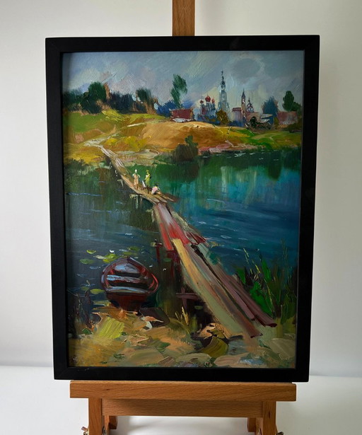 Original Oil Painting Rural Landscape Children Are Walking by the River – schilderijen tekeningen, Mdf (photo 2 of 9)