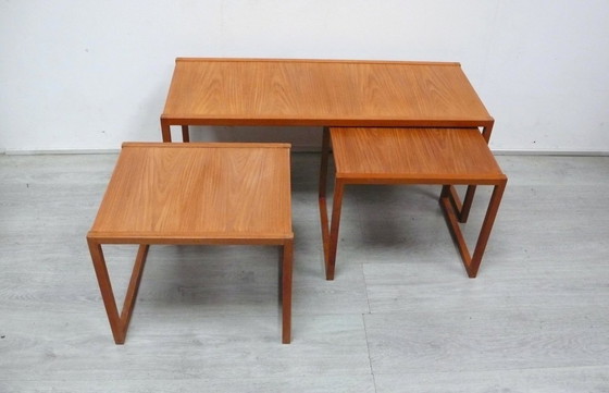 Image 1 of Teakhouten salontafelset uit de jaren 60, 3-delig, model 134 van Kai Kristiansen, multifunctioneel en flexibel, Deens modern.