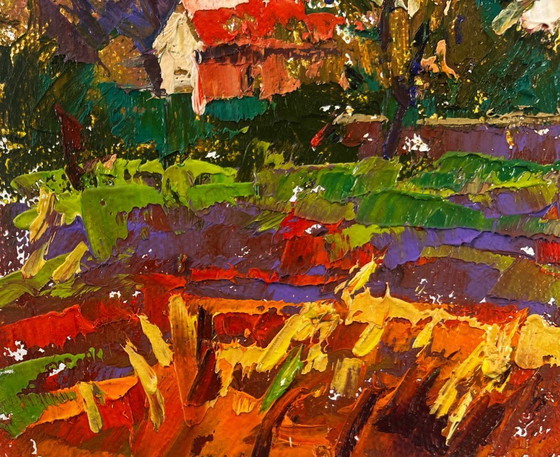 Image 1 of Original Oil Painting Sunset Village Landscape Spring evening in the light of the sky