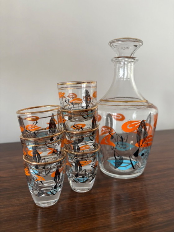 Image 1 of Magnifique ensemble de carafe à liqueur de style atomique des années 1960