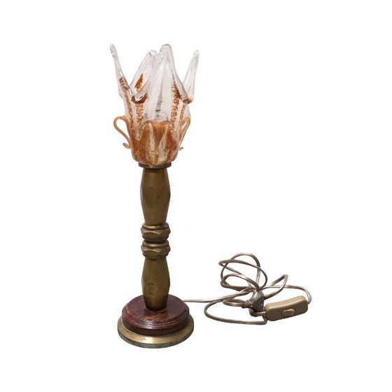 Image 1 of Messinglampe aus der Mitte des 20. Jahrhunderts mit tulpenförmigem Schirm