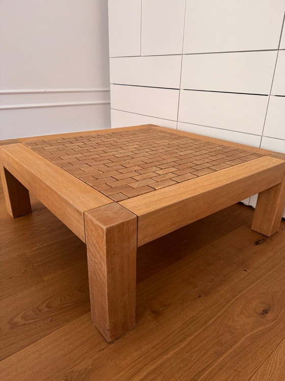 Image 1 of Salontafel met houten mozaïek inleg, brutalistische stijl, massief eikenhout