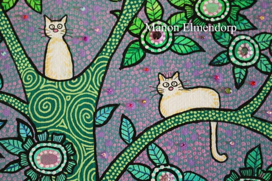 Image 1 of Original Hand-Painted Small Painting White Cats in a Tree