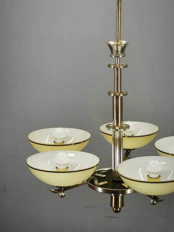 Image 1 of Lustre Art Déco tchèque des années 1930 en nickel avec abat-jour en verre champagne