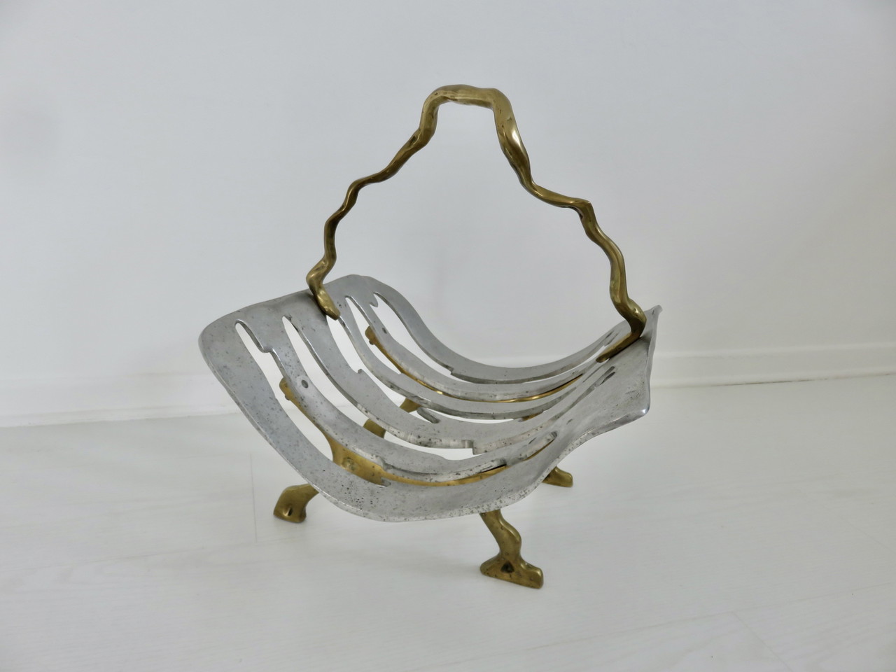 Tisonnier Ancien En Laiton Massif Et Métal Pour Cheminée 55 Cm Récupéré