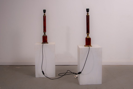 Image 1 of Set of French Empire style lamps made from amber bakelite and brass