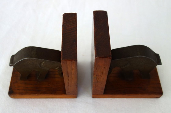 Image 1 of Coppia di fermalibri vintage a forma di elefante in legno e ottone