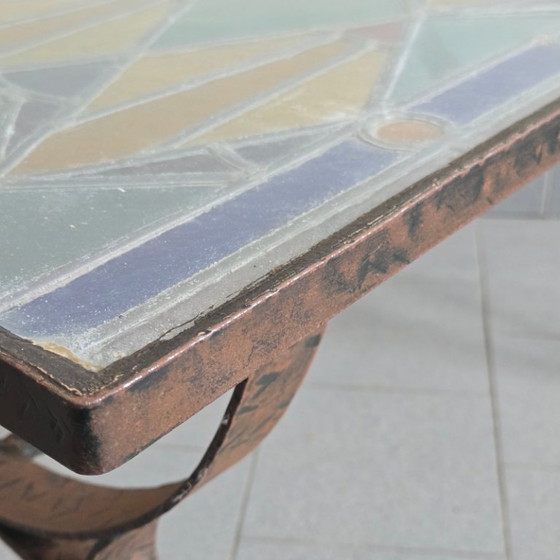 Image 1 of Vintage 1960s Brutalist Coffee Table in Metal, Glass & Stained Glass