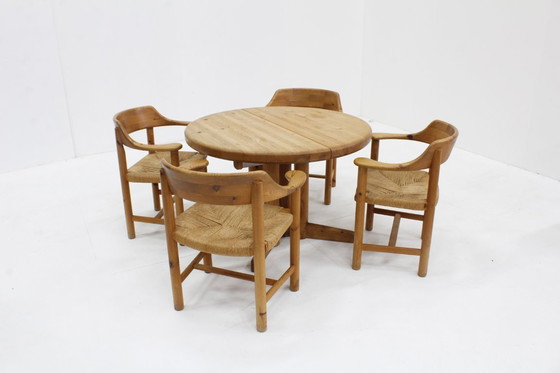 Image 1 of Set Vintage dining table and dining chairs pine wood papercord