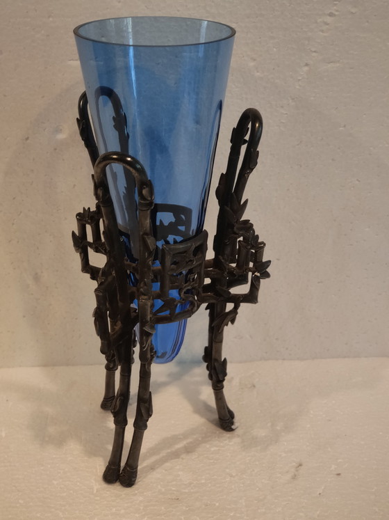 Image 1 of Jarrón Christofle de estilo japonés, monoflore de bambú en vidrio craquelado y "bambú" de bronce plateado.