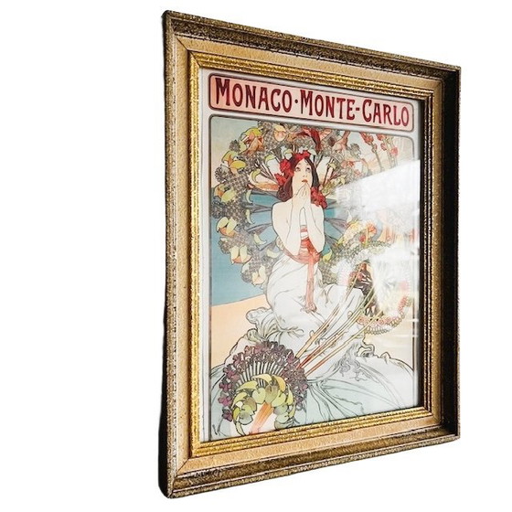 Image 1 of Vintage Art Nouveau Alphonse Mucha painting Monte Carlo gold picture frame wood 1940s