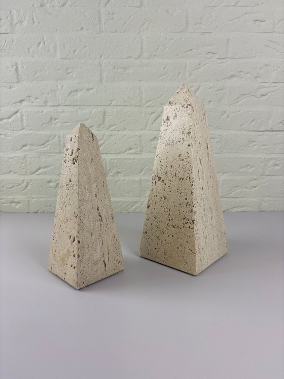 Image 1 of Vintage pair of Italian Travertine Obelisk Sculptures attr. Fratelli Mannelli