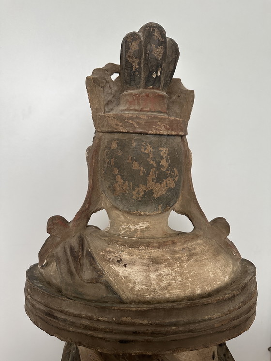Image 1 of Monumentale, handgeschnitzte chinesische/südostasiatische Tempelstatue aus Holz – Polychromie – 128 cm (Guanyin/Bodhisattva)