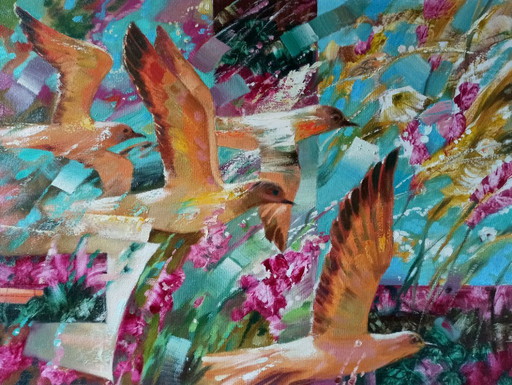 Original Oil Painting Abstract Expressionism Nature Birds – schilderijen tekeningen, Canvas